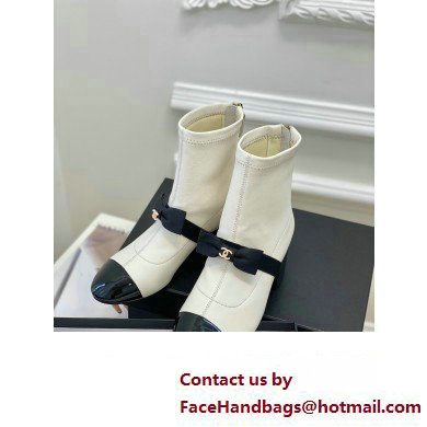 Chanel Heel 5.5cm Stretch Lambskin  &  Patent Calfskin Short Boots with Bow G40099 White 2023